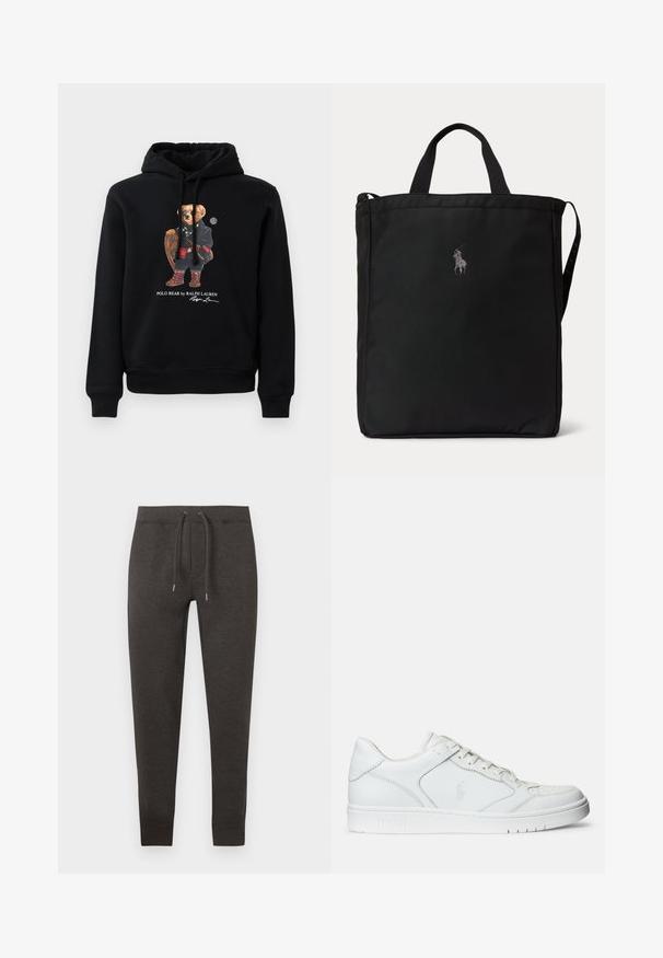 Sudadera negra con un oso usando gafas de sol, un abrigo, botas, y sosteniendo una raqueta de madera, con el texto "Polo Bear by Ralph Lauren" debajo.; Pantalones de chándal gris oscuro hechos de material suave, con cintura elástica con cordón, piernas ajustadas y puños en el tobillo.; Zapatilla de cuero blanca con textura suave, que presenta una puntera perforada, cierre de cordones y logo bordado en el lateral. Suela de goma blanca.; Bolso tote rectangular negro con asas cortas, una correa larga en el lateral y un pequeño logotipo bordado de un jugador de polo en el centro frontal.