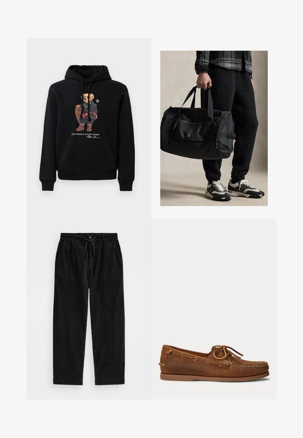 Sudadera negra con un oso usando gafas de sol, un abrigo, botas, y sosteniendo una raqueta de madera, con el texto "Polo Bear by Ralph Lauren" debajo.; Pantalones de pana negra con corte relajado, que cuentan con una cinturilla elástica con cordón ajustable y bolsillos laterales. La tela presenta una textura acanalada.; Zapato náutico de cuero marrón con costura de mocasín, detalle de cordones pasados por ojales metálicos y suela de goma plana visto de perfil.; Persona sosteniendo una bolsa de lona negra, vistiendo pantalones negros, una chaqueta gris a cuadros y zapatillas negras y blancas.