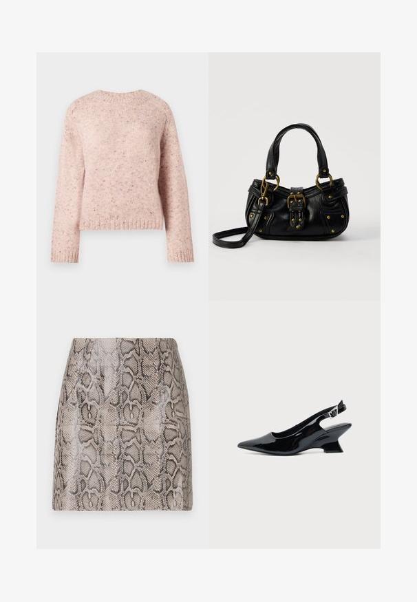Lyserød sweater lavet af tekstureret strikstof, med rund hals og lange ærmer. Subtile prikker tilføjer detaljer til designet.; En tætsiddende miniskørt med en blank, struktureret faux slangeskindsprint i nuancer af beige og sort, med en glat overflade og uden synlige lukninger.; Sort laklæder slingback sko med spids tå og lav vinklet blokhæl på ensartet lys baggrund.; Sort læderhåndtaske med guldbælge og nitdetaljer, korte håndtag og en justerbar skulderrem på en ensfarvet hvid baggrund.
