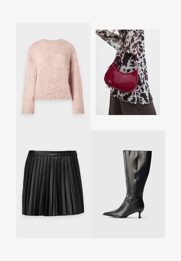 Pull en maille texturée de couleur rose, avec un col rond et des manches longues. Des éclats subtils ajoutent du détail au design.; Jupe mini plissée en cuir noir avec une ceinture lisse, présentant des plis verticaux et un design propre et structuré.; Botte en cuir noire montant jusqu'au genou, avec un bout pointu et un petit talon bas, présentée sur un fond clair uni.; Femme portant un chemisier à motif noir et blanc tenant un sac à main rouge brillant sur un fond uni.
