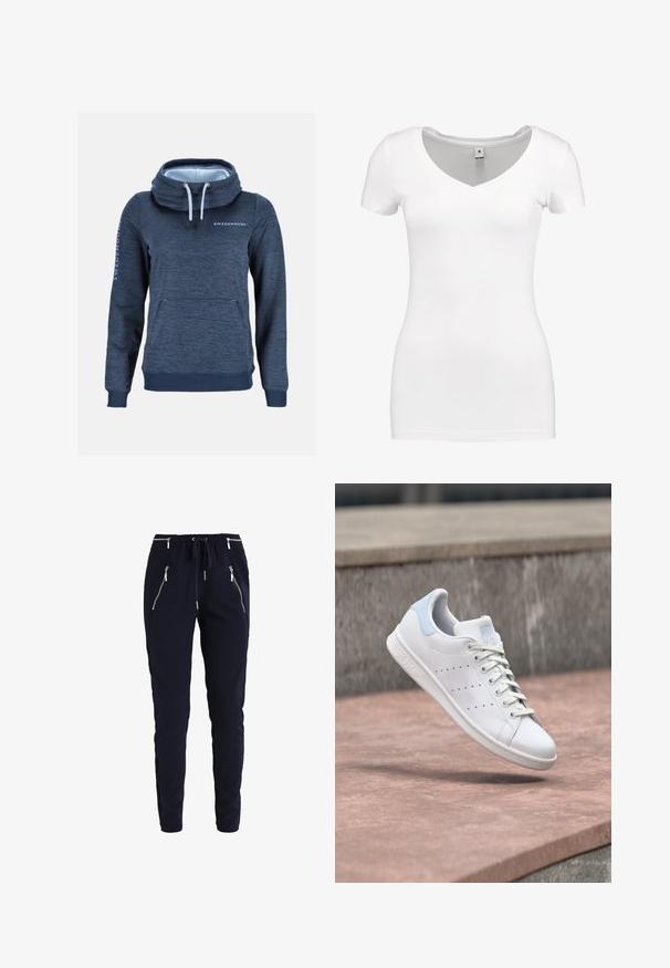 Dunkelblauer Kapuzenpullover mit langen Ärmeln, Kängurutasche, hohem Kordelzugkragen und "SWEDEMOUNT"-Logo auf Brust und Ärmel, schlichter Hintergrund.; G-STAR BASE - T-Shirt basic - white; Marineblaue, schmal zulaufende Hose mit elastischem Bund, Kordelzug und vier silbernen Reißverschlusstaschen, auf weißem Hintergrund dargestellt.; Weißer Ledersneaker mit hellblauem Fersenlasche, perforierten Seitenstreifen und Schnürsenkeln, schwebend über Steinstufen im Freien.