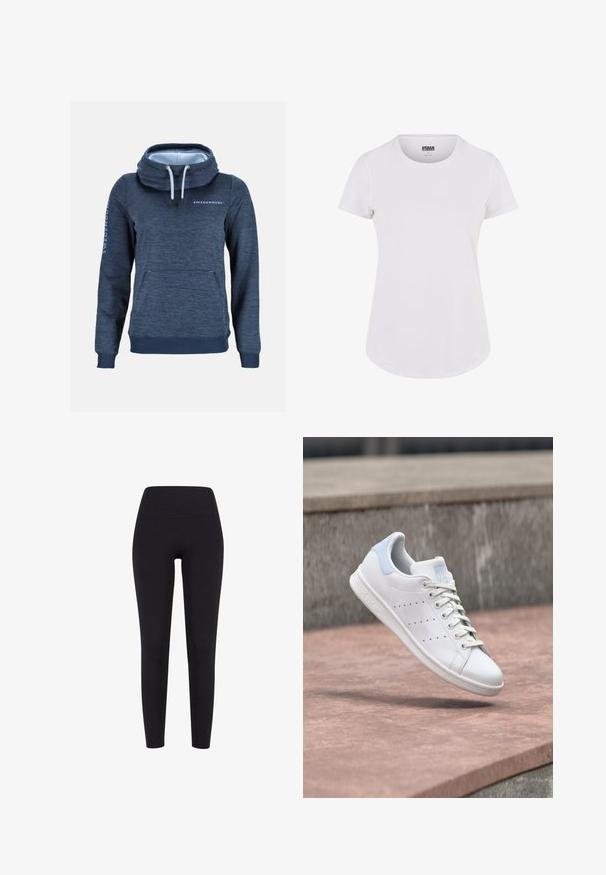 Mørkeblå hættetrøje med lange ærmer, kængurulomme, høj snørehals og "SWEDEMOUNT" logo på bryst og ærme, ensfarvet baggrund.; Hvid kortærmet t-shirt med rund halsudskæring, lavet af blødt stof. Har en let buet søm og et minimalistisk design.; Sorte leggings med høj talje. Lavet af strækbart stof, de har en glat tekstur og en tætsiddende, tapered design.; Hvid lædersneaker med lyseblå hælkappe, perforerede sidelister og snørebånd, svævende over stentrapper udendørs.
