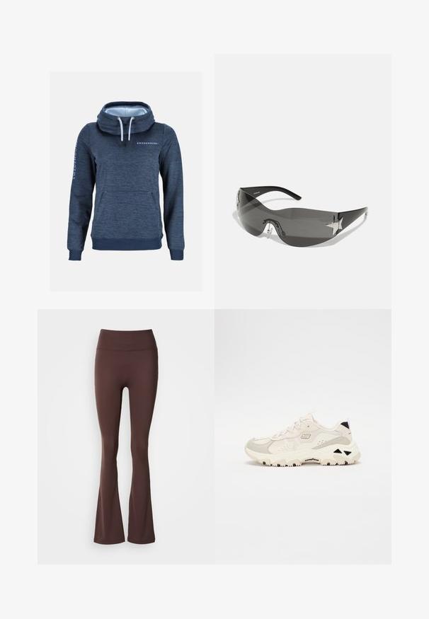 Mørkeblå hættetrøje med lange ærmer, kængurulomme, høj snørehals og "SWEDEMOUNT" logo på bryst og ærme, ensfarvet baggrund.; Brune flared leggings lavet af strækbart materiale, med en høj talje og glat tekstur, velegnede til aktiv eller afslappet brug.; Sneakers med en lys beige og grå mesh-overdel, teksturerede overlays, en kraftig hvid sål og sort detalje på hælen.; Sorte solbriller med wrap-around design, mørktonede linser, skinnende stjerneformede detaljer og justerbare næsepuder.