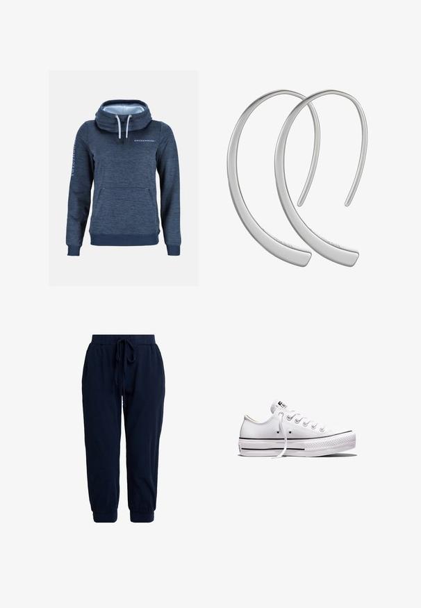Dunkelblauer Kapuzenpullover mit langen Ärmeln, Kängurutasche, hohem Kordelzugkragen und "SWEDEMOUNT"-Logo auf Brust und Ärmel, schlichter Hintergrund.; Marineblaue Jogginghosen aus weichem Stoff. Verfügen über einen elastischen Bund mit Kordelzug und abgesteppte Beinabschlüsse für eine lockere Passform.; Weißer Sneaker aus Segeltuch mit niedrigem Schnitt, weißen Schnürsenkeln, Gummisohle, schwarzen Streifendetails und Logopatch auf der Zunge und Ferse.; Silberne Metall-Hoops Ohrringe mit einer glatten, glänzenden Oberfläche und einer gewölbten Mondform, die ein minimalistisches Design aufweisen und keine sichtbaren Muster haben.