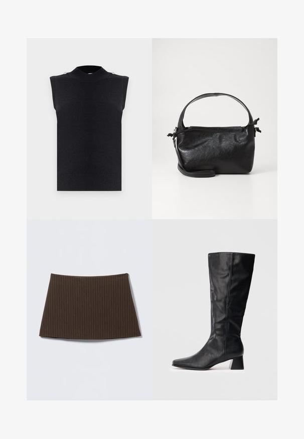 Veste sans manches en tricot noir avec col montant et deux petits boutons sur les coutures des épaules, tissu uni à texture mate.; Jupe marron à fines rayures, coupe ajustée, texture lisse et ourlet évasé, idéale pour un look sur mesure.; Botte en cuir noire mi-mollet avec un bout pointu et un talon bloc sur fond clair.; Sac à main en cuir noir au design structuré, avec une poignée arrondie et une bandoulière amovible. Présente une texture lisse et un éclat subtil.