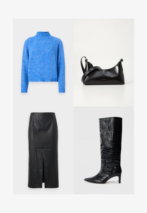 Pull en maille bleu clair à col roulé avec une coupe légèrement cropped, des manches raglan et une finition douce et texturée. Le tissu a une apparence chinée.; Jupe midi en cuir noir avec une fente à l'avant, texture lisse, design ajusté et détails de couture subtils sur le devant.; Bottes noires montantes, avec une texture brillante à motif crocodile, bout pointu et talon effilé. Matériau synthétique lisse.; Sac à main en cuir noir avec une texture lisse. Dispose d'une bandoulière adjustable et d'un design élégant et minimaliste avec une fermeture éclair.