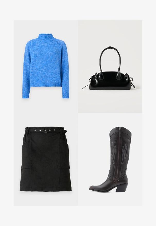 Pull en maille bleu clair à col roulé avec une coupe légèrement cropped, des manches raglan et une finition douce et texturée. Le tissu a une apparence chinée.; Jupe en daim noir avec une coupe ajustée, dotée de passants de ceinture, d'une boucle et de deux poches latérales. Texture lisse, design à hauteur de genoux.; Bottes de cowboy en cuir marron avec surpiqûres en forme de flammes, fermeture éclair latérale, clous argentés, bout pointu et talon superposé.; Petit sac à main noir brillant avec deux longues anses et des détails à cordon sur les côtés sur un fond clair uni.