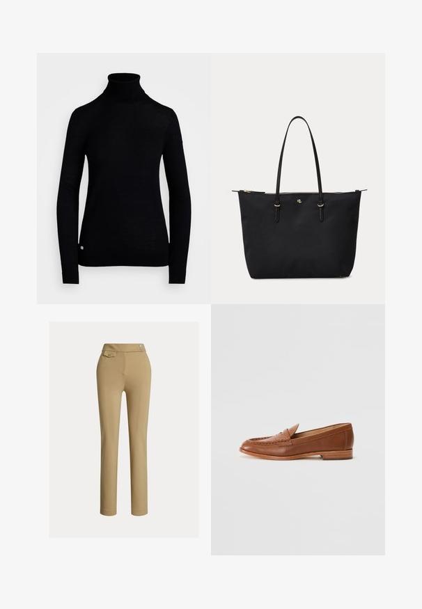 Sort rullekrave sweater lavet af strikket stof, med lange ærmer og en tætsiddende pasform. Inkluderer en lille logoaccent ved kanten.; Beige skræddersyede bukser med en glat tekstur, høj talje, to dekorative knapper og en enkelt baglomme. Lige ben-design.; Lauren Ralph Lauren WYNNIE - Loafers - deep saddle tan; Sort mulepose med lange håndtag, gyldent lynlås og lille gyldent "RL" logo midt på forsiden.