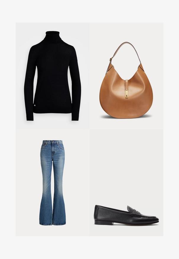 Sort rullekrave sweater lavet af strikket stof, med lange ærmer og en tætsiddende pasform. Inkluderer en lille logoaccent ved kanten.; Højtaljede blå jeans i denim med klokkeformede ben og let falmet område foran på låret, vist mod hvid baggrund.; Sorte læder loafers med struktureret finish, der har en dekorativ rem og flad hæl. Slank, minimalistisk design med rund tå.; Brun læder hobo taske med enkelt strop og guldfarvet metal spænde med lille hestelogo.