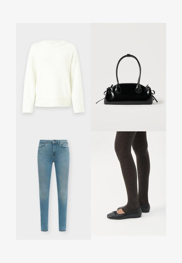 Pull en tricot blanc avec épaules tombantes, poignets et ourlet côtelés. Texture douce, design à col rond et coupe décontractée.; Jean slim bleu clair avec fermeture avant par bouton et fermeture éclair, poches avant et passants de ceinture, présenté sur un fond uni.; Jambes portant des leggings côtelés foncés associés à des ballerines noires avec de petits détails en nœud sur fond blanc.; Petit sac à main noir brillant avec deux longues anses et des détails à cordon sur les côtés sur un fond clair uni.