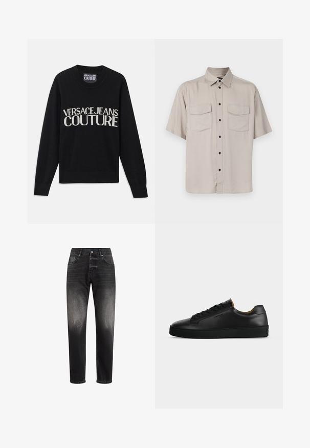 Musta neulepusero, jossa on pyöreä kaula-aukko. Ominaisuuksina "VERSACE JEANS COUTURE" -logo kontrastivärisessä vaaleassa cremeväriä. Ribbaatut hihat ja helma. Pehmeä rakenne.; Hihansukka, vaaleanbeige nappitoppi, jossa on kaulus, kaksi läppätaskua ja mustat napit edessä. Tasainen, teksturoimaton kangas.; Mustat farkut, joissa on haalistunut etuosa, suorat lahkeet, viisi taskua, hienovarainen kulutus sekä metalliset yksityiskohdat vetoketjussa ja taskuissa.; Mustat matalat nahkaiset tennarit mustilla nauhoilla, kuvioidulla kumipohjalla ja pienellä kohokuvioidulla logolla sivulla, kuvattuna sivuprofiilissa harmaata taustaa vasten.