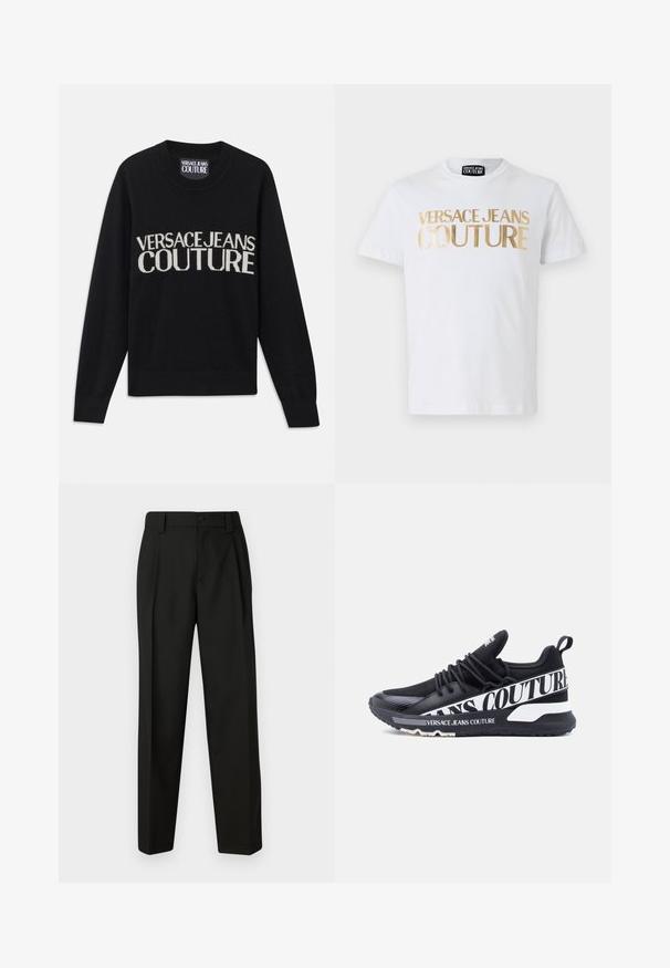 Čierny pletený sveter s okrúhlym výstrihom. Obsahuje logo "VERSACE JEANS COUTURE" v kontrastnej krémovej farbe. Hladký lem a manžety sú rebrované. Mäkkučký materiál.; Biela bavlnená tričko s výrazným zlatým nápisom "VERSACE JEANS COUTURE" na prednej strane. Okruhly výstrih a krátke rukávy.; Čierne upravené nohavice vyrobené z hladkej látky. Majú rovný strih, zapínanie na jeden gombík a pútka na opasok. Bez viditeľných vzorov alebo akcentov.; Čierna atletická teniska s priedušnou sieťovinou a syntetickými materiálmi. Výrazné biele označenie "VERSACE JEANS COUTURE" na boku. Hrubá gumová podrážka.