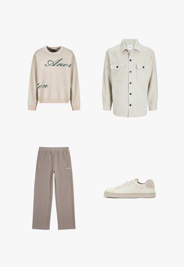 Beige strikket sweater med grønne kursiverede bogstaver. Ribbet halsudskæring og manchetter, afslappet pasform, med blød tekstur.; Beige flannel skjorte med krave, der har to brystlommer, sorte knapper og lange ærmer med knapmanchetter.; Taupe ribstrikkede bukser med elastisk taljebånd, sidelommer, vide ben og hvidt "PEGADOR" logo på højre hofte.; Hvid lavtopet lædersneaker med hvide snørebånd, let struktureret sål og lys grå ruskinds-hælpatch, sideudsigt.