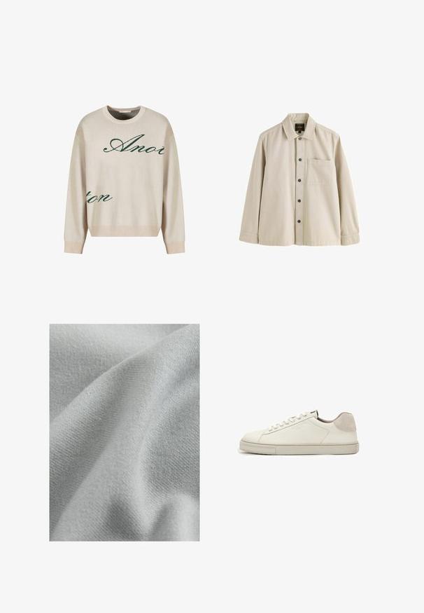 Pull en tricot beige avec du texte en cursive verte. Encolure et poignets côtelés, coupe décontractée, avec une texture douce.; Chemise beige à manches longues boutonnée, avec un col et une poche poitrine, conçue dans un tissu robuste.; Tissu gris clair avec une texture douce et lisse et un motif de tricot subtil, drapé pour montrer son design flexible et fluide.; Baskets basses en cuir blanc avec lacets blancs, semelle légèrement texturée et patch en daim gris clair au talon, vue latérale.