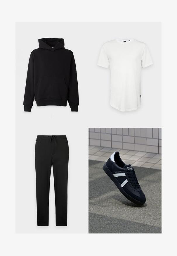 Schwarzes Kapuzen-Sweatshirt mit Kängurutasche, langen Ärmeln und gerippten Bündchen sowie Saum, vor hellem Hintergrund präsentiert.; Weißes T-Shirt mit kurzen Ärmeln aus Baumwolle, mit Rundhalsausschnitt und einem leicht verlängerten Rückenteil, sowie einem kleinen Logo-Akzent an der Seite.; Jack & Jones Joggers Tapered Fit - Stoffhose - black; Schwarze Leder-Sneaker mit weißen Streifen, strukturiertem Gummisohle und Schnürung. Verfügt über ein Markenetikett auf der Zunge.