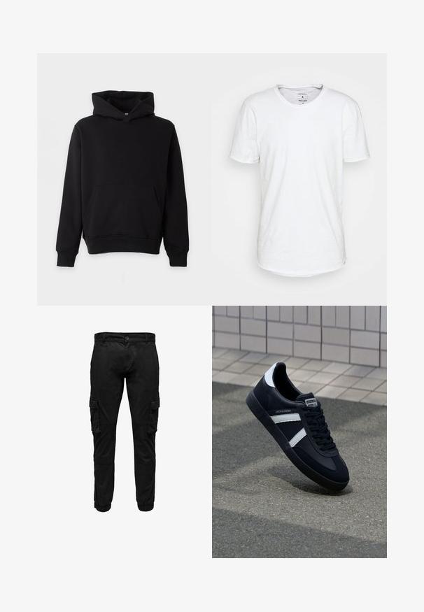 Sweat à capuche noir uni avec poche ventrale, manches longues et poignets et ourlet côtelés, présenté sur un fond clair.; T-shirt blanc à manches courtes en coton avec un col ras du cou classique. Présente un ourlet légèrement incurvé et des détails de couture minimalistes.; Pantalon cargo noir avec poches à rabat latérales, poignets élastiques, fermeture frontale par bouton et fermeture éclair.; Sneaker en cuir noir avec des rayures blanches, semelle en caoutchouc texturée et devant à lacets. Présente une étiquette de marque sur la languette.
