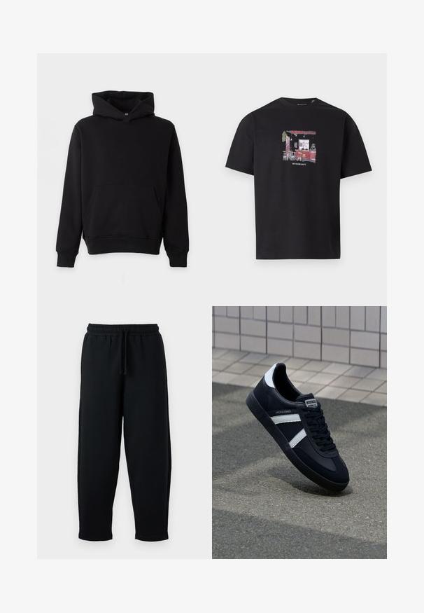 Schwarzes Kapuzen-Sweatshirt mit Kängurutasche, langen Ärmeln und gerippten Bündchen sowie Saum, vor hellem Hintergrund präsentiert.; Schwarzes T-Shirt mit einem vorderen Grafikdesign eines Café-Innenraums, einschließlich Stühlen, Tischen und Tresen, mit dem Text "CAFE CULTURE SOCIETY" darunter.; Schwarze Sweatpants mit einem elastischen Bund und Kordelzug. Hergestellt aus weichem Material, mit einem lockeren Schnitt und tapered Bein Design.; Schwarze Leder-Sneaker mit weißen Streifen, strukturiertem Gummisohle und Schnürung. Verfügt über ein Markenetikett auf der Zunge.