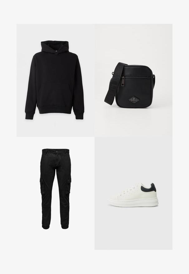 Schwarzes Kapuzen-Sweatshirt mit Kängurutasche, langen Ärmeln und gerippten Bündchen sowie Saum, vor hellem Hintergrund präsentiert.; Schwarze Cargohosen mit seitlichen Klappentaschen, elastischen Bündchen, vorne mit Knöpfen und Reißverschluss.; Weißer Ledersneaker mit schwarzem Fersenakzent, rundem Zehenbereich, flacher weißer Sohle und Schnürverschluss. Minimale Perforationen an den Seiten.; Schwarze synthetische Umhängetasche mit Reißverschluss, quadratischer Form, verstellbarem Tragegurt und einem Diamant-Logo-Patch auf der Vorderseite.