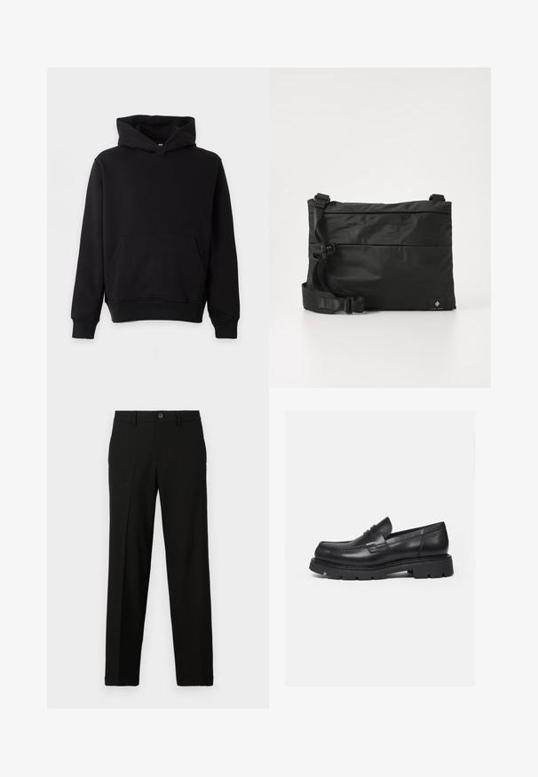 Effen zwarte hoodie met buidelzak aan de voorkant, lange mouwen en geribde boorden en zoom, getoond tegen een lichte achtergrond.; Zwarte broek van gladde stof, met een rechte snit, een knoopsluiting aan de taille en geen zichtbare patronen of accenten.; Zwarte leren loafer met dikke geribbelde zool en pennyriemdetail, getoond in rechter zijprofiel op witte achtergrond.; Zwarte nylon boodschappentas met verstelbare riem, plat ontwerp en een zijlabel met een logo. Soepele textuur en minimalistische stijl.