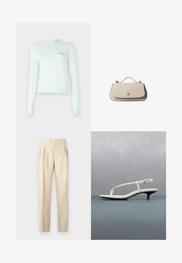 Mintgrøn sweater lavet af blødt stof, med lange ærmer, ribbet halsudskæring og manchetter samt et lille broderet logo på brystet.; Beige, højtaljede bukser med frontfolder, enkelt knaplukning og lige ben. Fremstillet af et struktureret, vævet stof.; Hvid sandal med stropper og kitten-hæl med spids tå, svævende over et trægulv udendørs med en sløret plante og væg i baggrunden.; Lille beige læderhåndtaske med top håndtag og sølv CK-logo på frontklap, vist mod en hvid baggrund.
