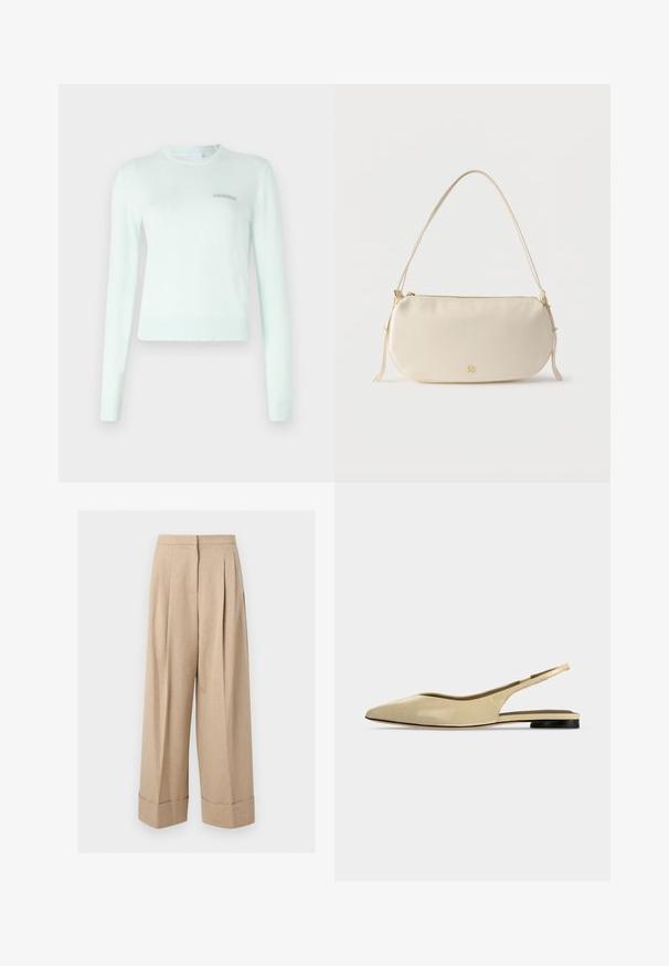 Pull vert menthe en tissu doux, avec des manches longues, un col et des poignets côtelés, et un petit logo brodé sur la poitrine.; Pantalon beige à jambes larges, taille haute, plis devant et larges revers à l'ourlet, présenté sur fond blanc.; Chaussure plate beige à bout pointu avec bride arrière, petit talon noir et finition en cuir lisse, vue de côté sur un fond uni.; Petit sac à épaule de couleur crème avec une seule sangle, fermeture éclair et logo de marque doré discret à l'avant.