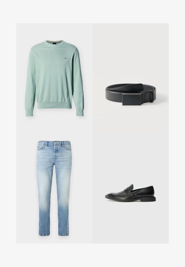 Pull à manches longues vert clair avec col rond, poignets et ourlet côtelés, petit logo "BOSS" brodé sur la poitrine gauche.; Jean slim bleu clair avec délavage, fermeture à bouton et zip devant, et style cinq poches.; Mocassins en cuir noir avec une texture lisse, un nez pointu et un petit talon rectangulaire. Présente un détail de bande horizontale sur le dessus.; Ceinture en cuir noir enroulée avec une boucle noire mate rectangulaire et un logo embossé discret sur fond blanc.