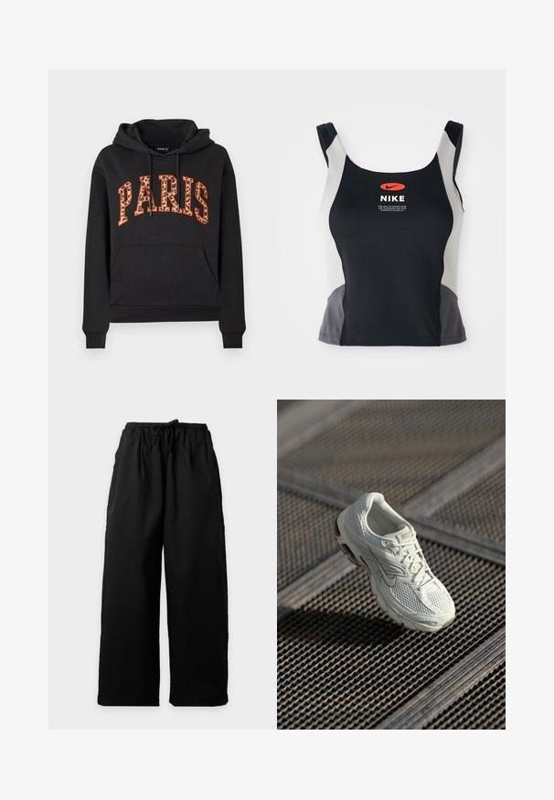 Sweat à capuche noir avec poche kangourou et "PARIS" écrit en grandes lettres à imprimé léopard, bordées d'orange, sur la poitrine.; Débardeur de sport noir et gris avec un col rond, des bretelles étroites et un logo Nike orange central imprimé à l'avant.; Pantalon noir ample avec ceinture élastique et cordon, présenté à plat sur un fond clair.; Baskets de course Nike blanches avec une tige en maille et synthétique reposant sur un revêtement de sol en grille métallique, sous une lumière naturelle douce.