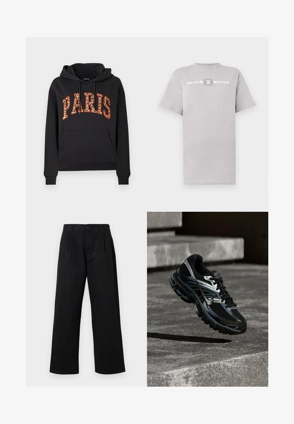 Sweat à capuche noir avec poche kangourou et "PARIS" écrit en grandes lettres à imprimé léopard, bordées d'orange, sur la poitrine.; T-shirt en coton gris clair avec col rond et manches courtes, arborant l'inscription "NIKE SHOX" en lettres blanches majuscules sur la poitrine.; Pantalon noir taille haute à jambes larges avec passants de ceinture, bouton à l'avant, fermeture éclair, et deux poches latérales.; Chaussure de running Nike noire et argent flottant au-dessus de marches en béton, montrant un design détaillé et une semelle texturée en extérieur.