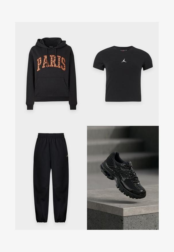 Sweat à capuche noir avec poche kangourou et "PARIS" écrit en grandes lettres à imprimé léopard, bordées d'orange, sur la poitrine.; T-shirt cropped à manches courtes noir avec le logo Jumpman blanc centré sur la poitrine, sur un fond uni.; Pantalon de jogging noir fuselé avec ceinture et poignets élastiques, petit logo sur la partie supérieure de la cuisse, poches avant, texture de tissu lisse.; Chaussure de course noire Nike avec tige en mesh et synthétique flottant au-dessus d'une surface en béton avec des marches en arrière-plan.