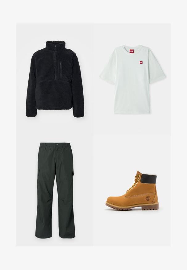 Zwarte pullover van zacht, getextureerd fleece. Voorzien van een hoge kraag, een gedeeltelijke rits en een ritsvak op de borst.; Lichtgroene T-shirt met korte mouwen van zachte katoen, voorzien van een klein rood logo label op de linker borst. Ontspannen pasvorm en ronde halslijn.; Donker groene cargobroek met een ontspannen pasvorm, elastische tailleband, gestikte zakken en een soepele, lichte stoftextuur.; Bruine leren enkellaars met metalen oogjes, witte faux bont voering, zwarte gewatteerde kraag, robuuste zool en een reliëflogo aan de zijkant.