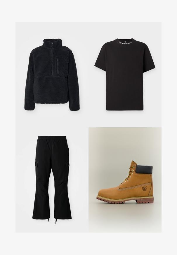Sort pullover lavet af blødt, struktureret fleece. Har en høj krave, en delvis lynlås og en lynlås lomme på brystet.; Sort T-shirt med korte ærmer og rund halsudskæring med teksten "THE NORTH FACE" trykt rundt om kraven.; Sorte cargo-bukser med elastisk talje, som har sidelommer og brede ben med lynlåse ved ankelmanchetterne, præsenteret mod en hvid baggrund.; Brun læderankelstøvle med sort krave, gule snørebånd og tanfarvet sål. Har logo og hvide syninger som detalje. Robust ydersål med greb.