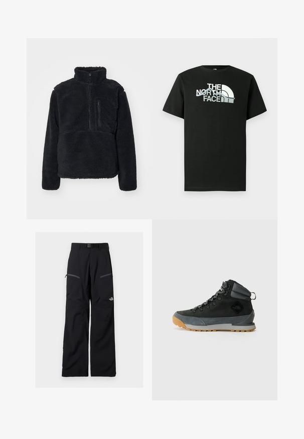 Zwarte pullover van zacht, getextureerd fleece. Voorzien van een hoge kraag, een gedeeltelijke rits en een ritsvak op de borst.; Zwart T-shirt van katoen met een bedrukte logo-ontwerp in wit en grijs, korte mouwen en een ronde hals.; Zwarte outdoorbroek met verstelbare riem, twee met rits afsluitbare dijbeenzakken en het The North Face-logo op het rechterbeen.; Zwarte hoge wandelboots gemaakt van gestructureerd suede en synthetische materialen, met grijze accenten, een robuuste rubberen zool en grijze veters.