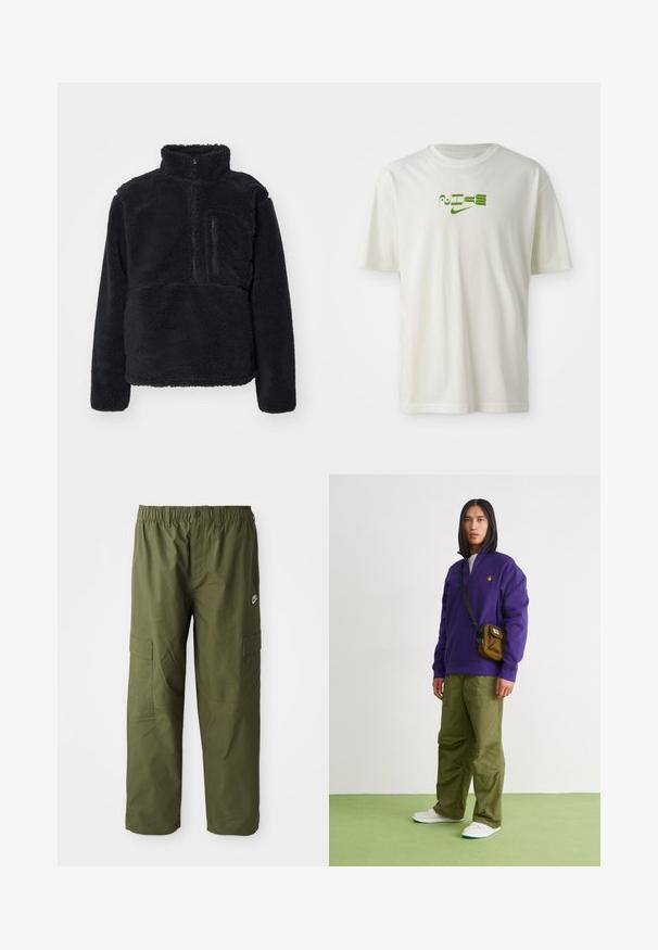 Sort pullover lavet af blødt, struktureret fleece. Har en høj krave, en delvis lynlås og en lynlås lomme på brystet.; Hvid bomulds t-shirt med et grønt grafisk print med ordet "NIKE" og logo. Korte ærmer og rund hals. Glat tekstur.; Nike cargo bukser i mørke olivengrønne, med elastisk talje, to sidelommer og et glat, let stof.; Jordan AIR JORDAN 1 ZM CMFT 2 - Sneakers high - summit white/bicoastal/oxidized green