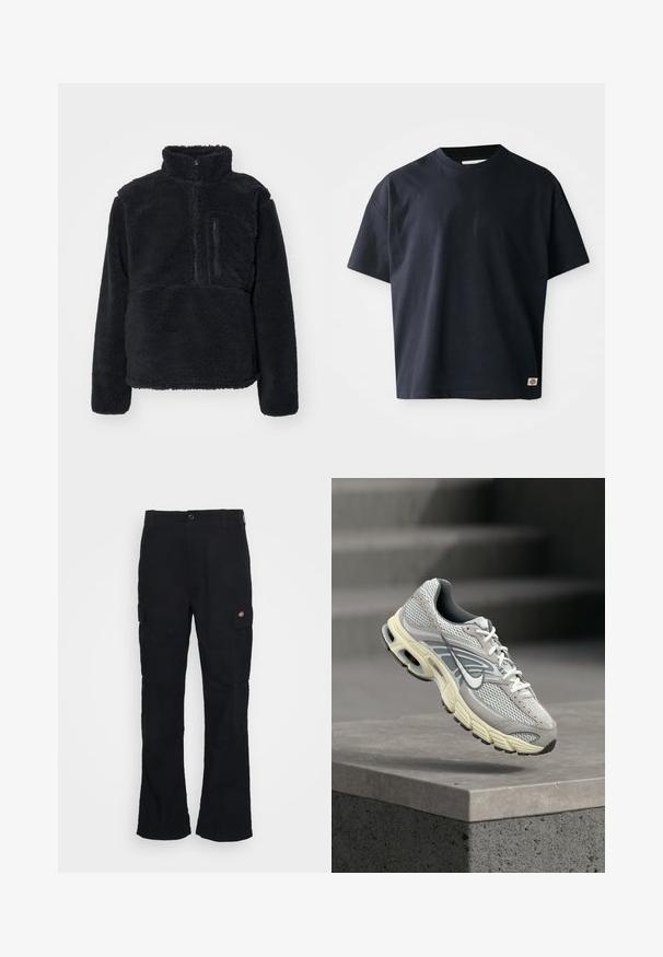 Sort pullover lavet af blødt, struktureret fleece. Har en høj krave, en delvis lynlås og en lynlås lomme på brystet.; Marineblå kortærmet T-shirt med rund hals og et lille rektangulært brandlogo nær den nederste søm på forsiden til højre.; Sorte cargo bukser med lige ben-design, fremstillet af slidstærkt stof, med sidelommer og et patch-logo på venstre side.; Grå og hvid Nike løbesko med polstret sål, svævende over et betontrin i et udendørs miljø.