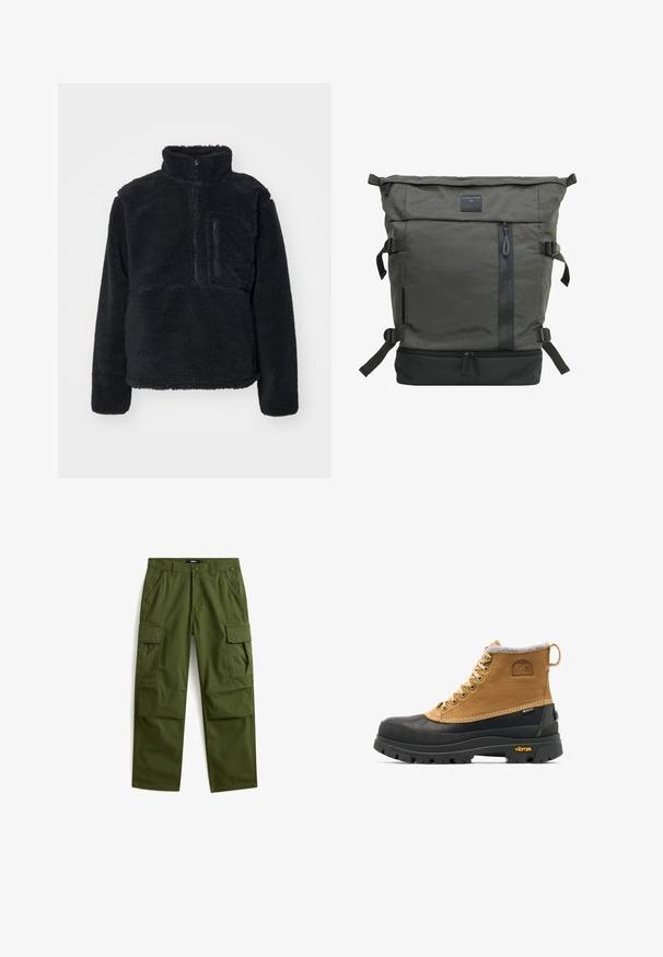 Sort pullover lavet af blødt, struktureret fleece. Har en høj krave, en delvis lynlås og en lynlås lomme på brystet.; Olivengrønne cargo-bukser med to forlommer, to lårklaplommer, bæltestropper og lukning med knap og lynlås.; Brun og sort isoleret snørestøvle til vinter med gummisål og Vibram-mønster, med Sorel- og Gore-Tex-logoer.; Grøn stof rygsæk med design til rulle-top, lynlås foran lomme, justerbare stropper og en sort bundpanel. Har en struktureret overflade.