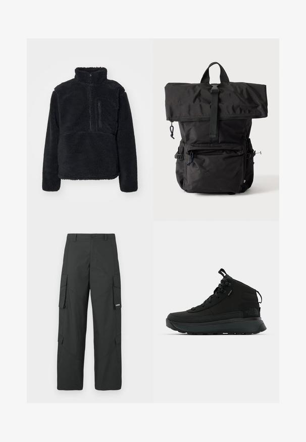 Sort pullover lavet af blødt, struktureret fleece. Har en høj krave, en delvis lynlås og en lynlås lomme på brystet.; Sorte straight-leg cargo bukser med sidelommer med klap, knaplukning, bæltestropper og et lille hvidt logo på klappen af højre lomme.; Sorte mid-cut vandresko med en tekstureret overdel i stof, forstærket tåkappe, sikker snøresystem og en polstret sål for godt greb.; Sort rulle-top rygsæk i stof med forreste lynlåslomme, sidelommer og top bærehåndtag mod en ensfarvet lys baggrund.
