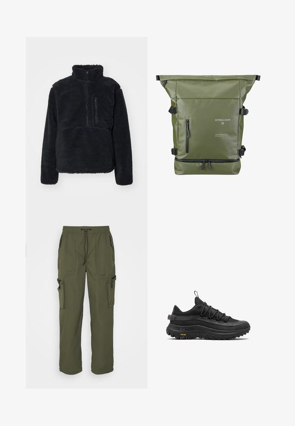 Zwarte pullover van zacht, getextureerd fleece. Voorzien van een hoge kraag, een gedeeltelijke rits en een ritsvak op de borst.; Olijfgroene cargobroek van lichtgewicht stof, met een elastische tailleband, striksluiting en meerdere met rits gesloten zakken.; Zwarte wandelschoenen met een gestructureerd oppervlak, voorzien van een dikke rubberen zool, elastische veters en een Vibram-logo op de zijkant.; Groene roll-top rugzak met een textuur oppervlak, verstelbare schouderbanden, een ritsvak aan de voorkant en logo-details in witte en zwarte accenten.