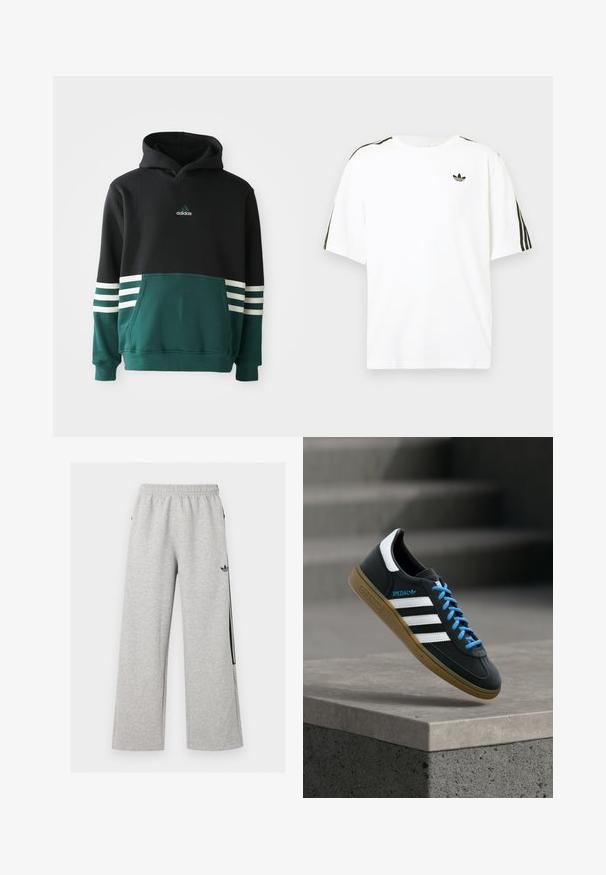 Sudadera Adidas negra y verde oscuro con bolsillo frontal, tres rayas blancas en las mangas y logo de Adidas en el pecho.; Camiseta de algodón blanca con mangas cortas, presenta acentos en negro con tres rayas en los hombros y un pequeño logo negro en el pecho.; Pantalones deportivos anchos de color gris claro con cintura elástica y logo negro de Adidas trefoil en el muslo derecho.; Zapatilla negra Adidas con franjas blancas, cordones azules y suela de goma flotando sobre un escalón de hormigón gris con luz suave.