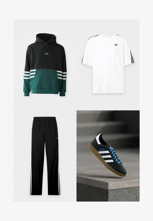 Sort og mørkegrøn Adidas hættetrøje med forlommer, tre hvide striber på ærmerne og Adidas-logo på brystet.; Hvid bomuld t-shirt med korte ærmer, prydet med sorte tre-stribede detaljer på skuldrene og et lille sort logo på brystet.; Sorte atletikbukser lavet af mesh-stof med en lige skåret pasform, elastisk taljebånd og hvide striber i siden. Sportsslogo vist.; Sort Adidas sneaker med hvide striber, blå snørebånd og gummisål, der svæver over gråt betontrin i blødt lys.