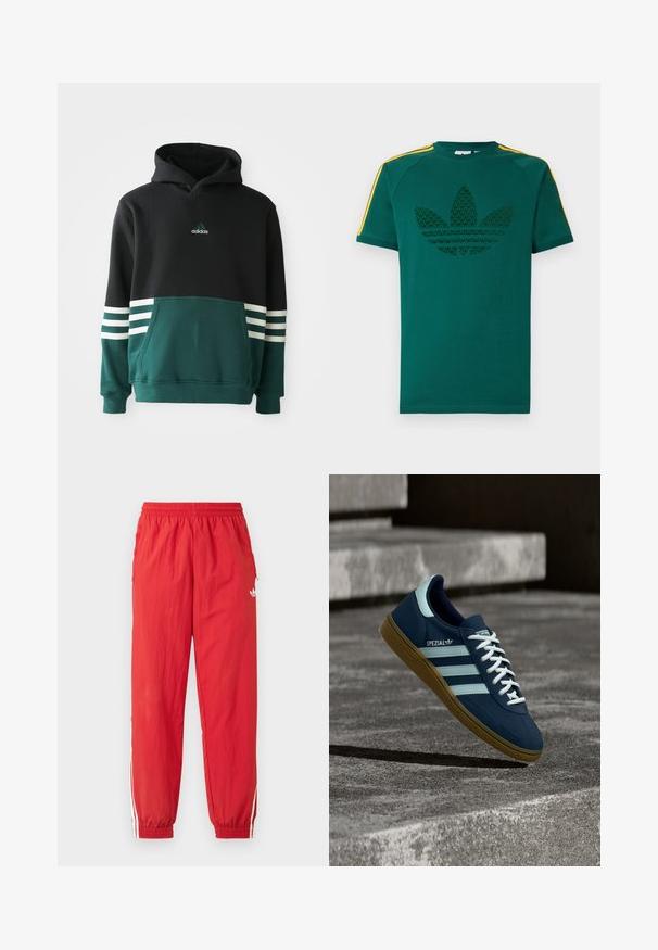 Čierna a tmavozelená mikina Adidas s predným vreckom, tromi bielymi pruhmi na rukávoch a logom Adidas na hrudi.; Zelené tričko s krátkym rukávom s tmavozeleným logom trefoil značky Adidas a žltými pruhmi na ramenách na bielom pozadí.; Červené športové nohavice z ľahkého materiálu s elastickým pásom, bielymi bočnými pruhmi a malým logom na hornej časti stehna.; Modré tenisky Adidas Spezial s bielymi pruhmi a šnúrkami, gumovou podrážkou, plávajúce nad drsným betónovým povrchom a schodmi v pozadí.