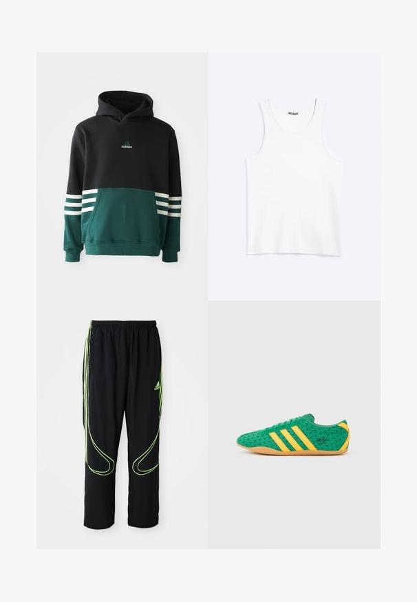 Sudadera Adidas negra y verde oscuro con bolsillo frontal, tres rayas blancas en las mangas y logo de Adidas en el pecho.; Camiseta sin mangas blanca con cuello redondo y etiqueta de la marca Weekday en el interior del cuello trasero, mostrada plana sobre un fondo claro.; Pantalones deportivos Adidas negros con líneas curvas en verde neón y tres franjas en los laterales, cinturilla elástica y logo de Adidas en el muslo delantero.; Zapatillas deportivas de tela verde con detalles amarillos y tres franjas, con un patrón en zigzag y suela de goma color caramelo.