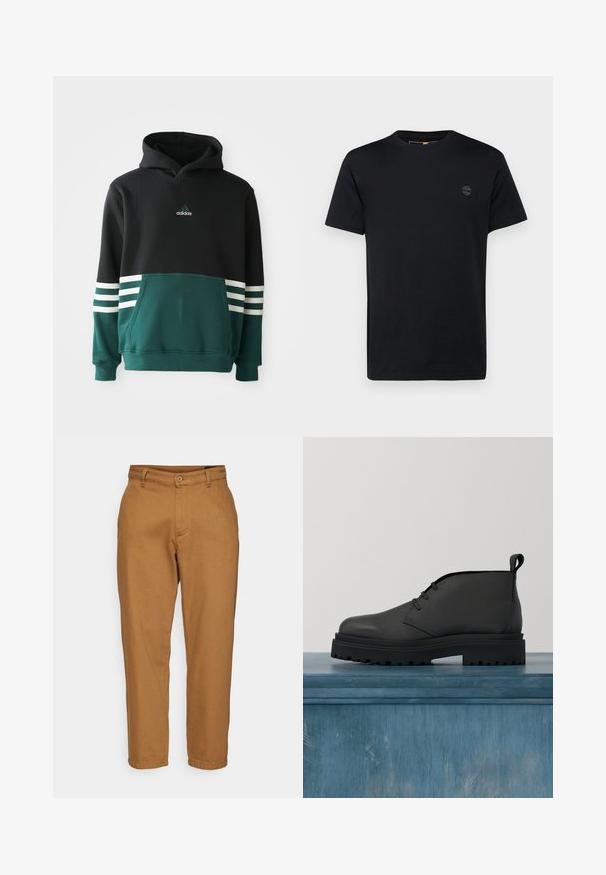 Čierna a tmavozelená mikina Adidas s predným vreckom, tromi bielymi pruhmi na rukávoch a logom Adidas na hrudi.; Čierne bavlnené tričko s okrúhlym výstrihom, krátkymi rukávmi a malým vyšívaným logom na hrudi. Hladká textúra, klasický strih.; Hnedé nohavice so rovnými nohavicami, hladkým povrchom, zapínaním na gombík a pútkami na opasok. Majú klasický dizajn a žiadne viditeľné vzory.; Čierna kožená kotníková obuv s textúrovaným zvrškom, šnurovací dizajn a robustná gumová podrážka s hlbokým dezénom pre trakciu.