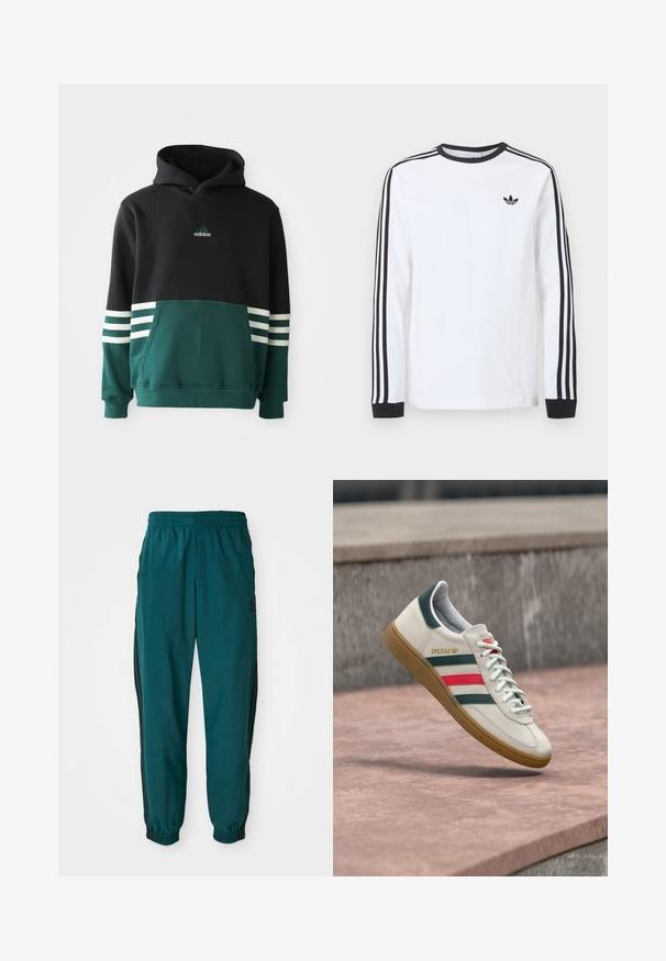 Schwarzer und dunkelgrüner Adidas-Hoodie mit einer Fronttasche, drei weißen Streifen an den Ärmeln und dem Adidas-Logo auf der Brust.; Weißes Adidas-Langarmshirt mit schwarzem Rundhalsausschnitt, schwarzen Bündchen, drei schwarzen Streifen an den Ärmeln und schwarzem Trefoil-Logo auf der Brust.; Türkise Sporthose mit einem Kordelzugbund, elastischen Bündchen und seitlichen schwarzen Streifen. Hergestellt aus leichtem Stoff und mit einem Logo in der Nähe der Hüfte.; Weißer Adidas Sneaker mit grünen und roten Streifen, Gummisohle und "SPEZIAL"-Branding, der über einem Steinpflaster schwebt.