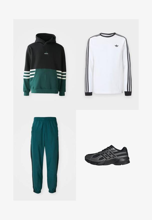 Zwarte en donkergroene Adidas hoodie met een voorkennis, drie witte strepen op de mouwen en het Adidas-logo op de borst.; Wit Adidas shirt met lange mouwen, zwarte ronde hals, zwarte boordjes, drie zwarte strepen langs de mouwen en een zwart trefoil-logo op de borst.; Teal sportbroek met een trekkoord in de taille, elastische boorden en zwarte zijstreep. Gemaakt van lichte stof en voorzien van een logo nabij de heup.; Zwarte sportschoenen gemaakt van mesh en synthetische materialen, met een getextureerd oppervlak, meerdere grijze strepen en een gevoerde kraag.