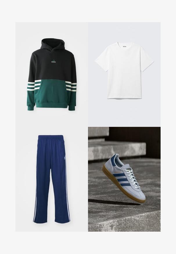 Sudadera Adidas negra y verde oscuro con bolsillo frontal, tres rayas blancas en las mangas y logo de Adidas en el pecho.; Camiseta blanca de manga corta con cuello redondo, colocada plana, diseño liso, con etiqueta "WEEKDAY" en el interior del cuello sobre un fondo claro.; Pantalones deportivos en azul marino con un corte relajado, que presentan franjas laterales blancas y una cintura elástica. Tejido suave, sin patrones visibles ni herrajes.; Zapatilla Adidas Spezial azul claro con rayas azul marino y suela de goma, mostrada en el aire sobre escalones de hormigón en un entorno exterior neutral.