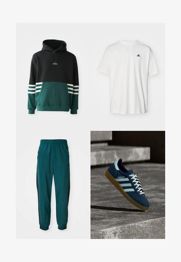 Sudadera Adidas negra y verde oscuro con bolsillo frontal, tres rayas blancas en las mangas y logo de Adidas en el pecho.; Camiseta de algodón blanca con mangas cortas, cuello redondo y un pequeño logo negro de Adidas en el lado izquierdo del pecho. Textura suave, ajuste casual.; Pantalones deportivos en color verde azulado con cintura ajustable por cordón, puños elásticos y rayas negras en los lados. Fabricados con un tejido ligero, presentan un logo cerca de la cadera.; Zapatilla azul Adidas Spezial con rayas y cordones blancos, suela de goma, flotando sobre una superficie de hormigón rugosa y escaleras de fondo.