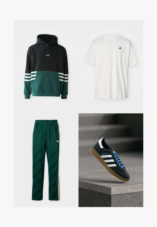 Schwarzer und dunkelgrüner Adidas-Hoodie mit einer Fronttasche, drei weißen Streifen an den Ärmeln und dem Adidas-Logo auf der Brust.; Weißes Baumwoll-T-Shirt mit kurzen Ärmeln, Rundhalsausschnitt und kleinem schwarzem Adidas-Logo auf der linken Brust. Weicher Stoff, lässige Passform.; Dunkelgrüne Sporthose mit dezenten gemusterten Logos, weißen Seitenstreifen, elastischem Bund und kleinem weißen Adidas Trefoil-Logo am rechten Oberschenkel.; Schwarzer Adidas-Sneaker mit weißen Streifen, blauen Schnürsenkeln und Gummisohle, der über einer grauen Betontreppe im weichen Licht schwebt.
