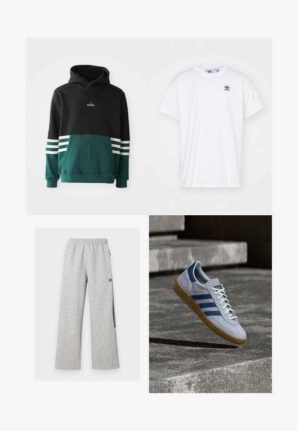 Sudadera Adidas negra y verde oscuro con bolsillo frontal, tres rayas blancas en las mangas y logo de Adidas en el pecho.; Camiseta blanca de algodón con mangas cortas, escote redondo y un logo negro de Adidas con tres franjas en la zona del lado izquierdo del pecho.; Pantalones deportivos anchos de color gris claro con cintura elástica y logo negro de Adidas trefoil en el muslo derecho.; Zapatilla Adidas Spezial azul claro con rayas azul marino y suela de goma, mostrada en el aire sobre escalones de hormigón en un entorno exterior neutral.