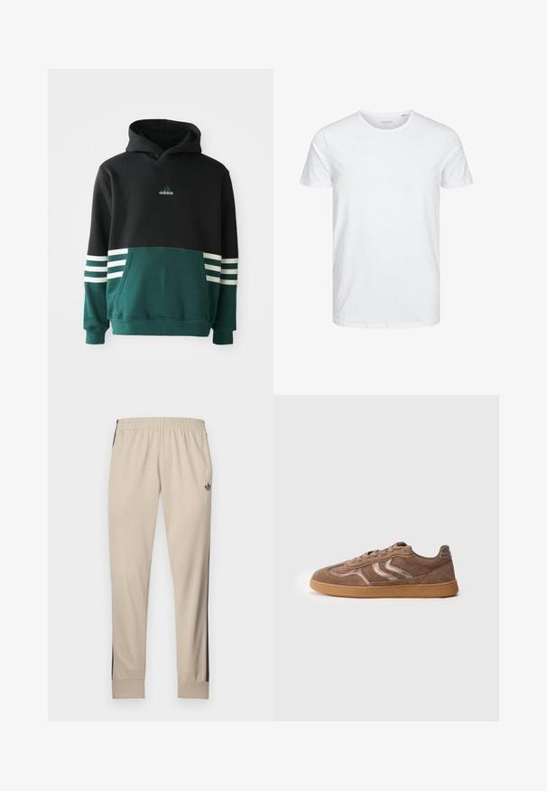 Čierna a tmavozelená mikina Adidas s predným vreckom, tromi bielymi pruhmi na rukávoch a logom Adidas na hrudi.; Tričko s okrúhlym výstrihom a krátkym rukávom v čistej bielej farbe, vyrobené z jemnej bavlny, má jednoduchý dizajn bez viditeľných vzorov alebo akcentov.; Béžové športové nohavice s čiernymi bočnými panelmi, elastickým pásom a zúženými manžetami. Vyrobené z mäkkej látky, s malým logom na bokoch.; Hnedé semišové tenisky s gumovou podrážkou, perforovanými detailmi, prešitou chevron štruktúrou a viazaním, zobrazené z boku na bielom pozadí.