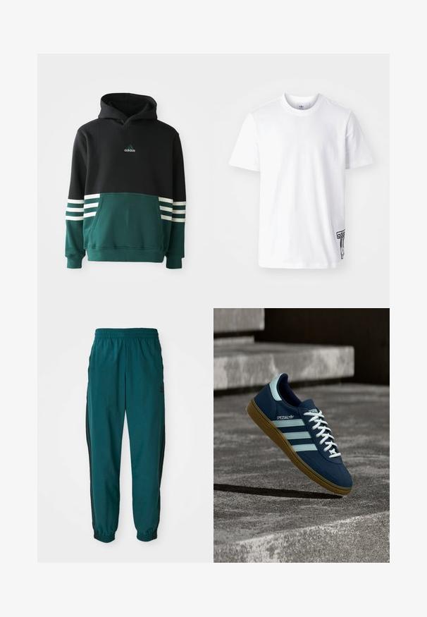Sudadera Adidas negra y verde oscuro con bolsillo frontal, tres rayas blancas en las mangas y logo de Adidas en el pecho.; Camiseta de algodón blanca de manga corta, con cuello redondo y un parche del logo de Adidas en negro en la parte inferior izquierda. Textura suave.; Pantalones deportivos en color verde azulado con cintura ajustable por cordón, puños elásticos y rayas negras en los lados. Fabricados con un tejido ligero, presentan un logo cerca de la cadera.; Zapatilla azul Adidas Spezial con rayas y cordones blancos, suela de goma, flotando sobre una superficie de hormigón rugosa y escaleras de fondo.